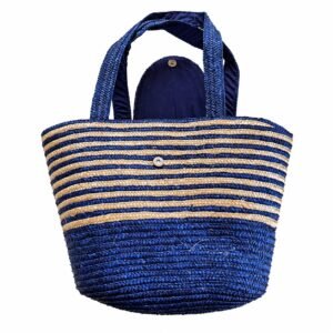 Striped straw bucket tote · Navy / natural · DFA9901