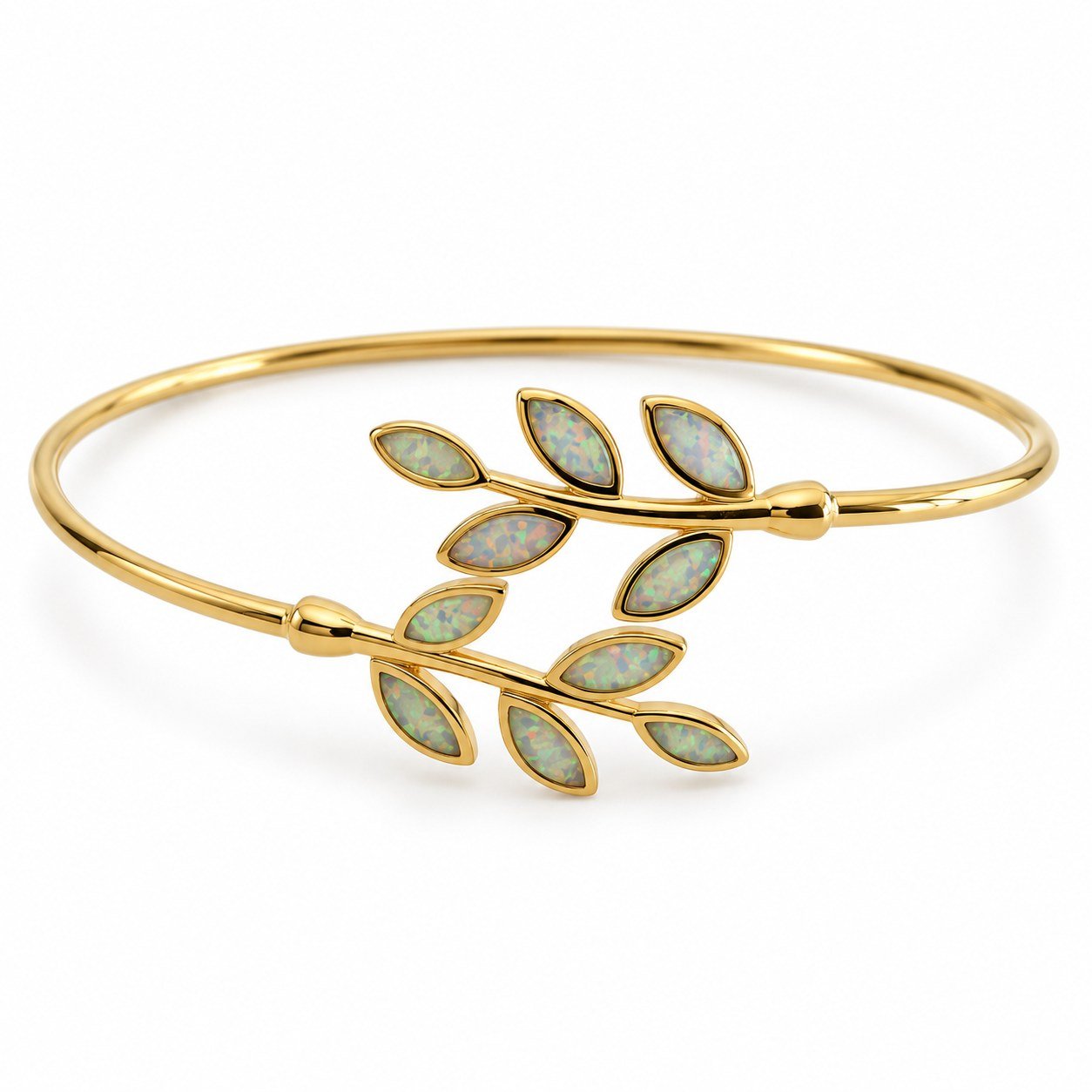 Olive branch cuff bangle, gold-plated, white opal · 195H