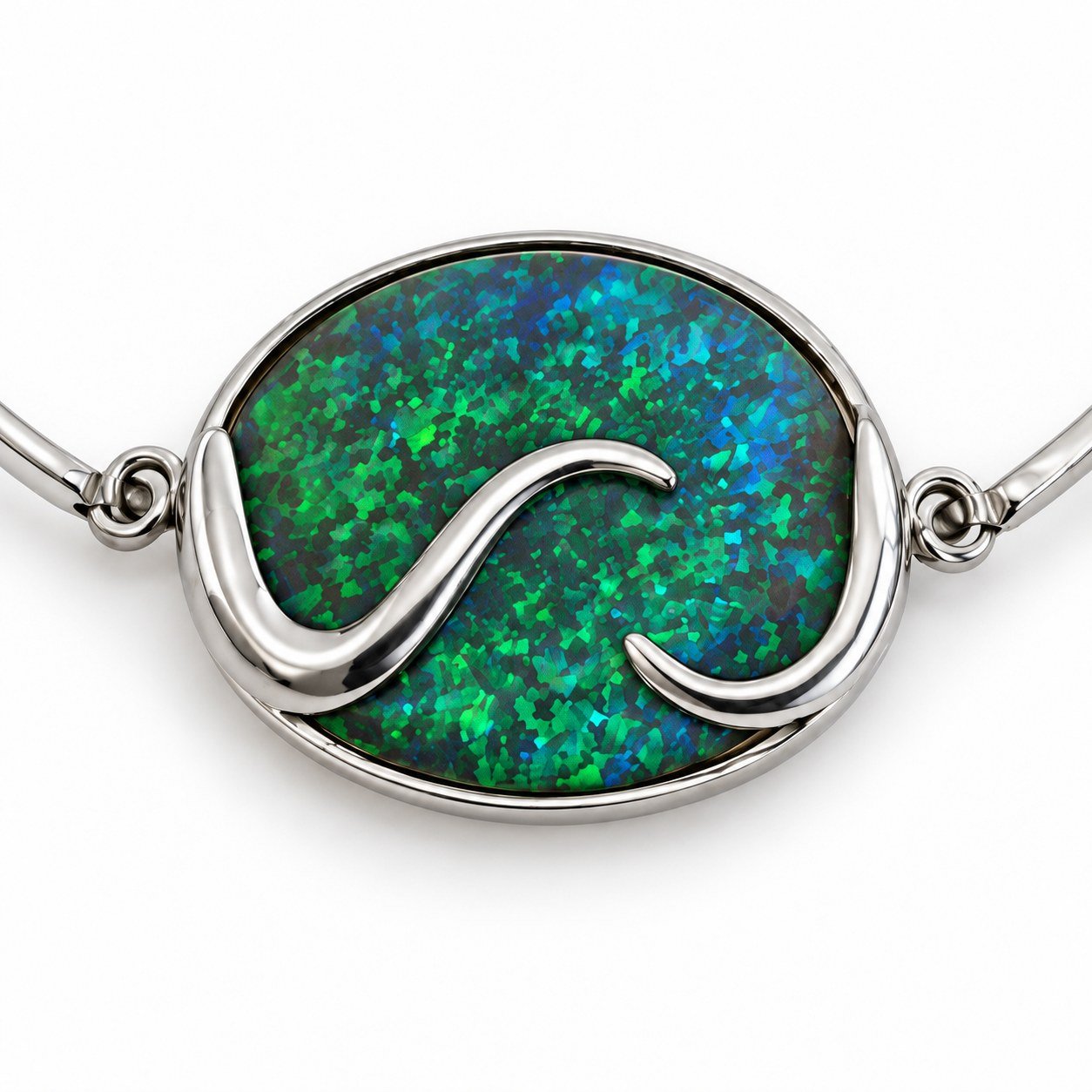 Open bangle with large oval opal and wave, green opal · 299R-SE - Image 2