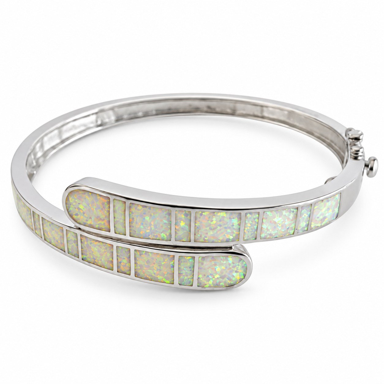Crossover opal inlay hinged bangle, white opal · 299V-SW