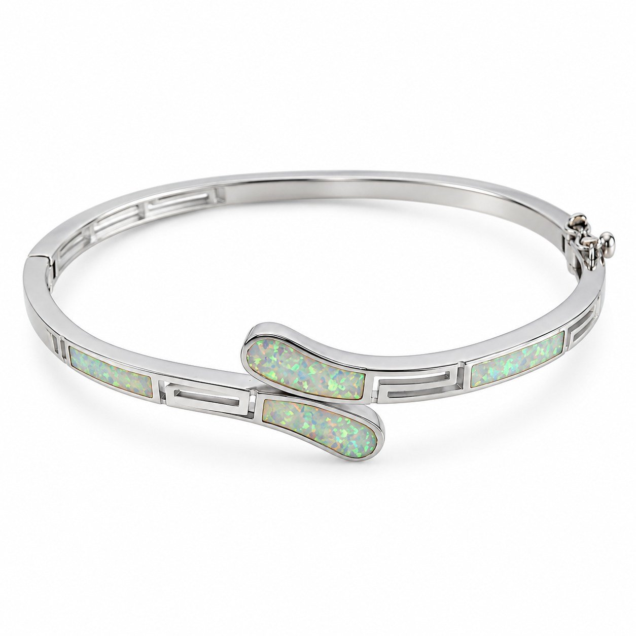 Greek key crossover hinged bangle, white opal · 299X