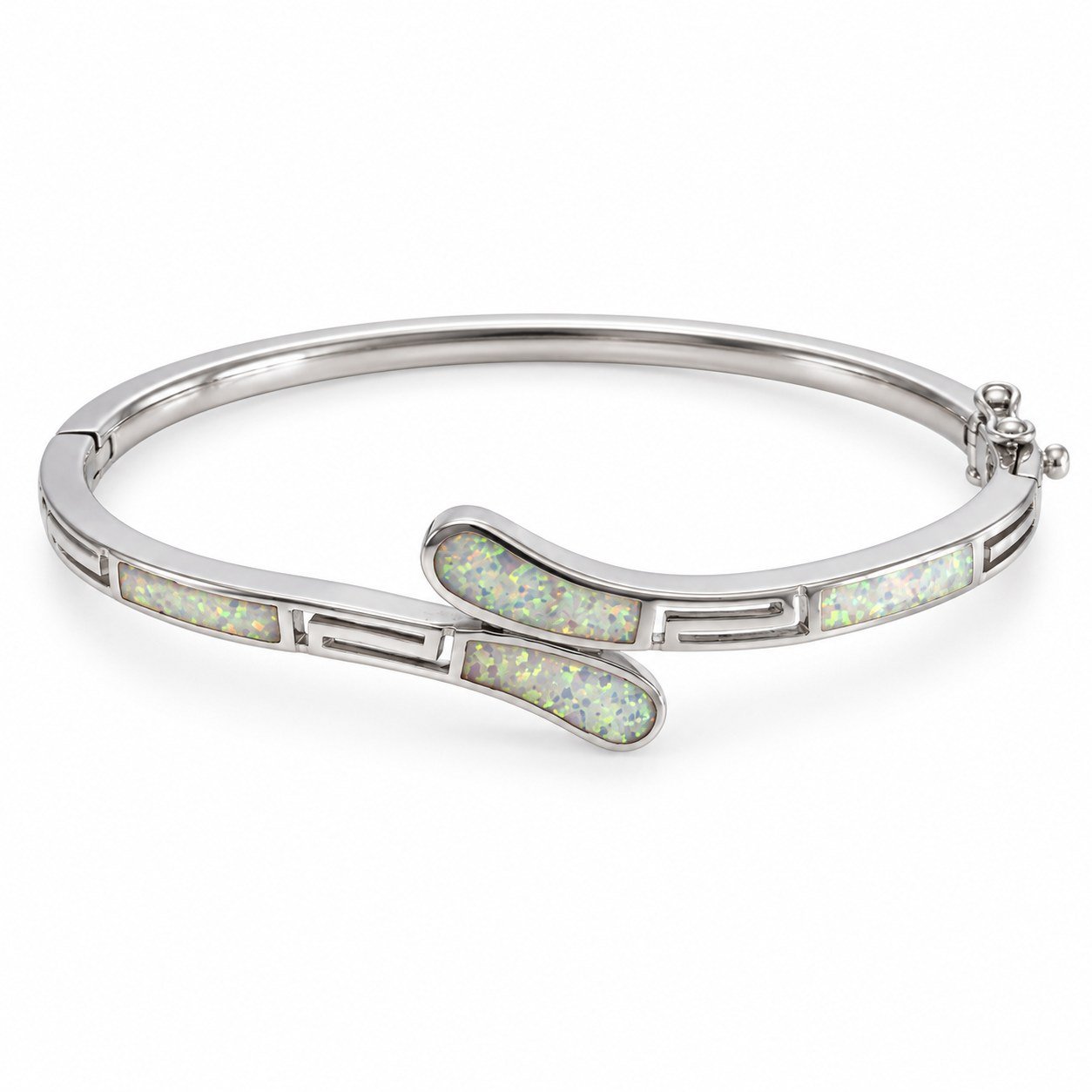 Greek key crossover hinged bangle, white opal · OP101