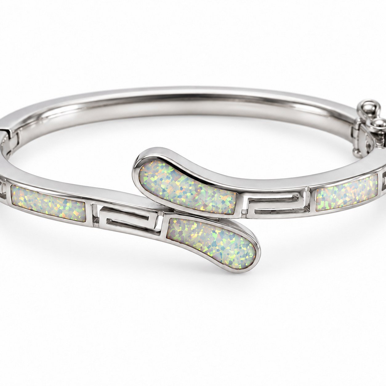 Greek key crossover hinged bangle, white opal · OP101 - Image 2