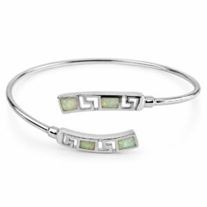 Slim Greek key crossover cuff bangle, white opal · OP191