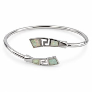 Wide Greek key crossover cuff bangle, white opal · OP192