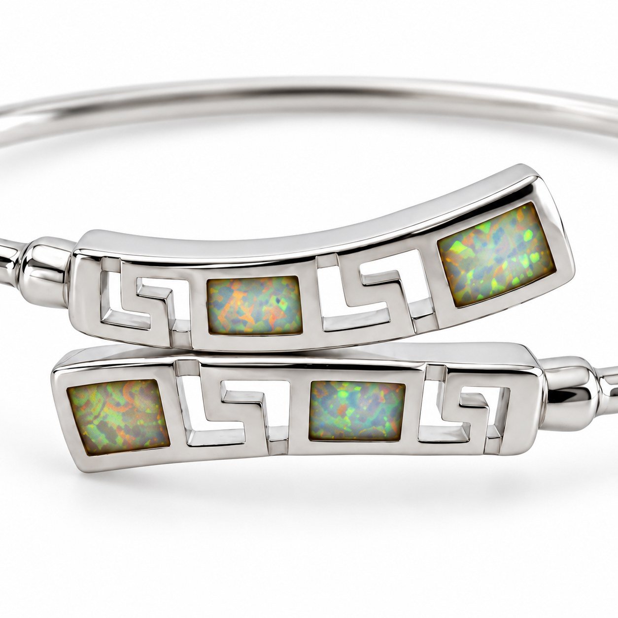Greek key crossover cuff bangle, white opal · OP192B-SW - Image 2