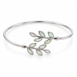 Olive branch cuff bangle, white opal · OP194-SW