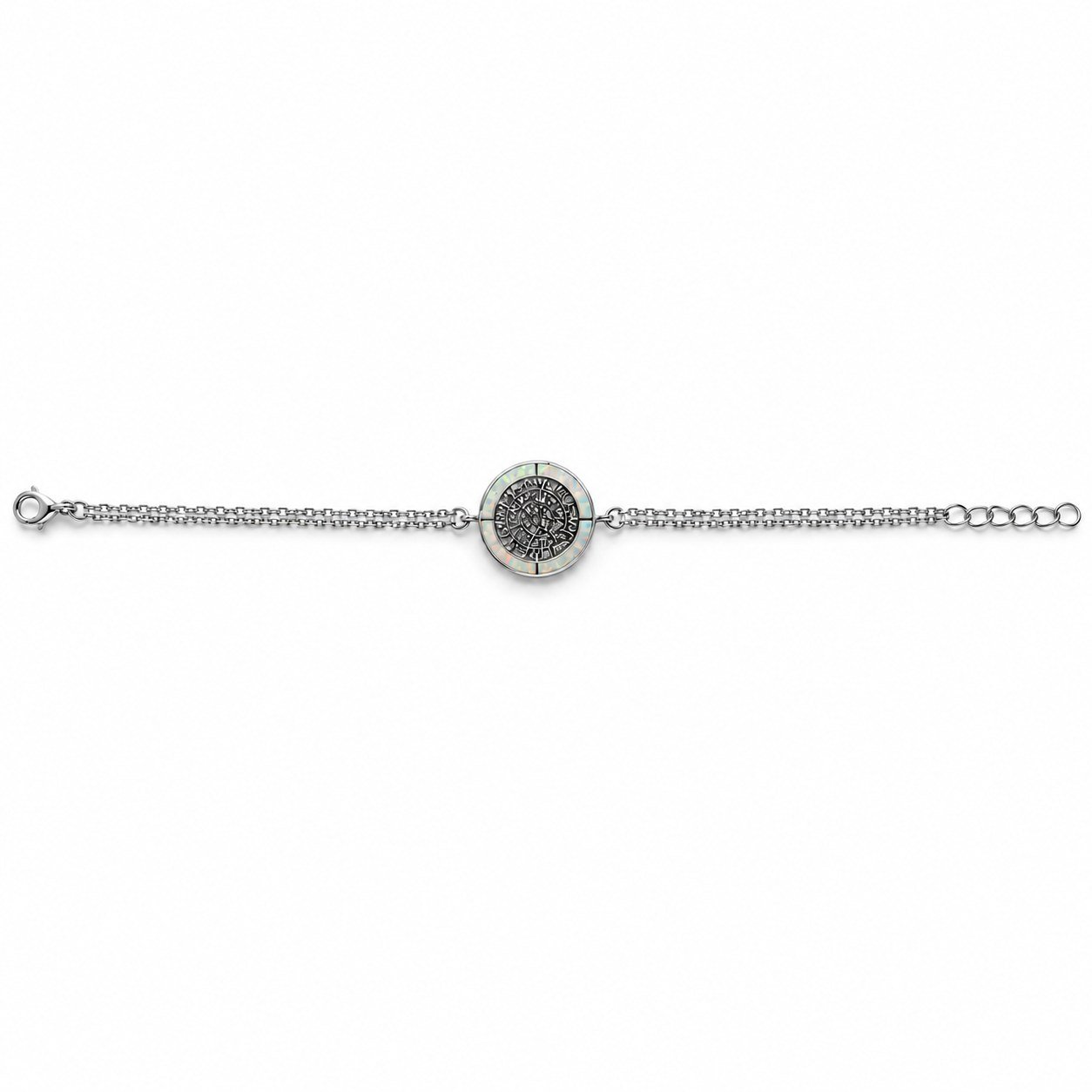 Phaistos disc bracelet, white opal ring, double chain · 285LL