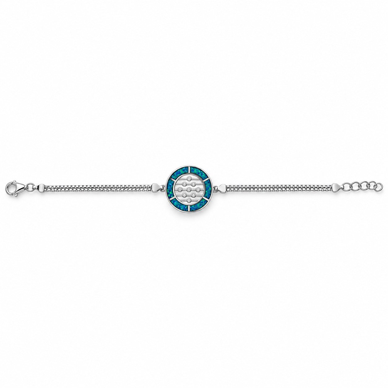 Round disc bracelet with opal ring, double box chain, blue opal · 285Q-SB