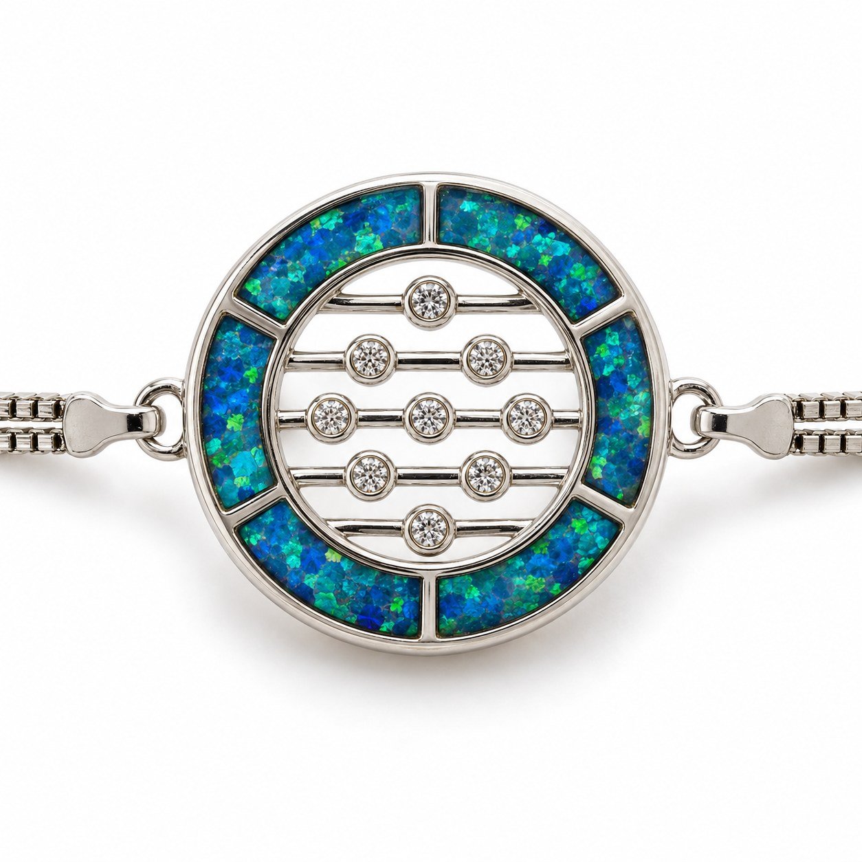 Round disc bracelet with opal ring, double box chain, blue opal · 285Q-SB - Image 2