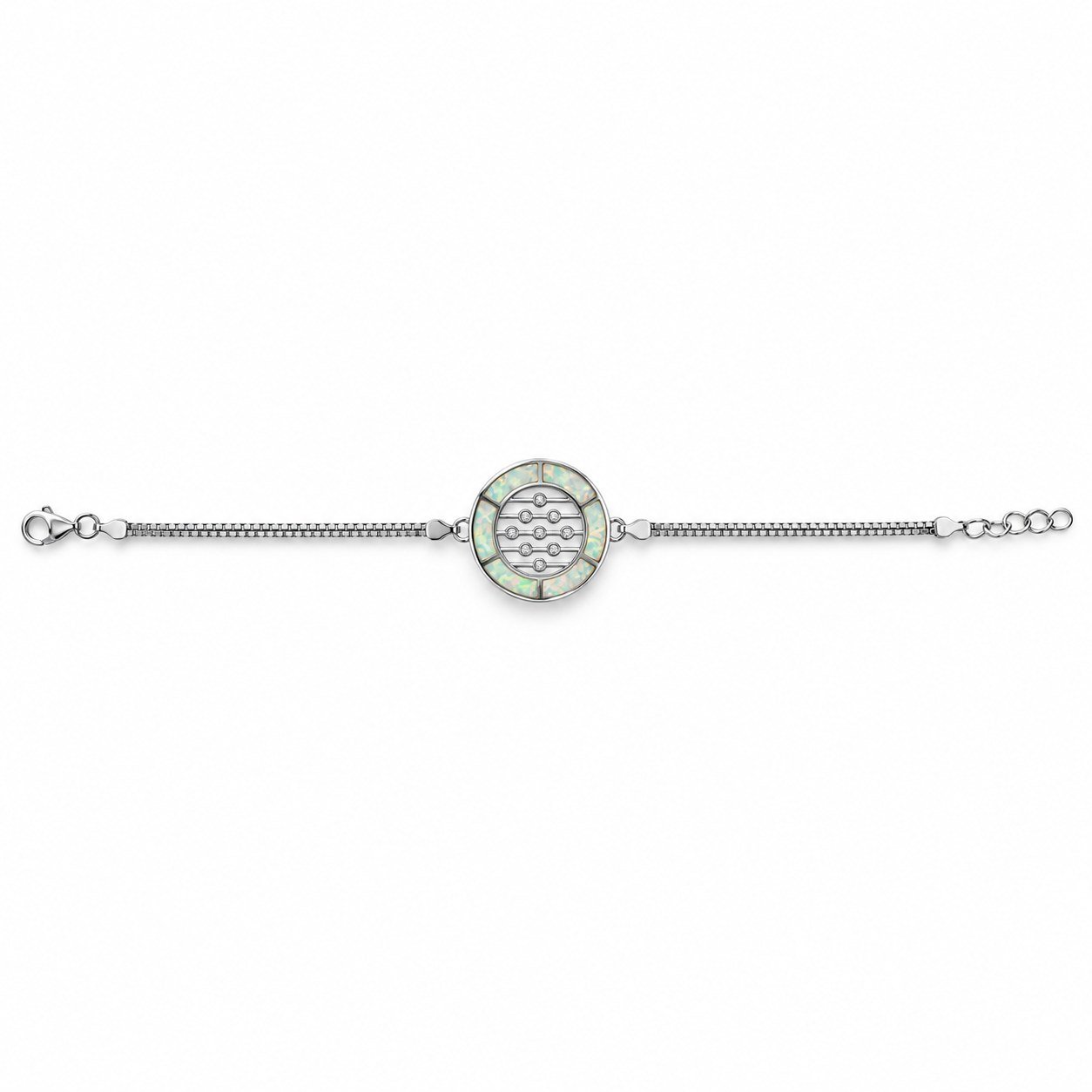 Round disc bracelet with opal ring, double box chain, white opal · 285Q-SW