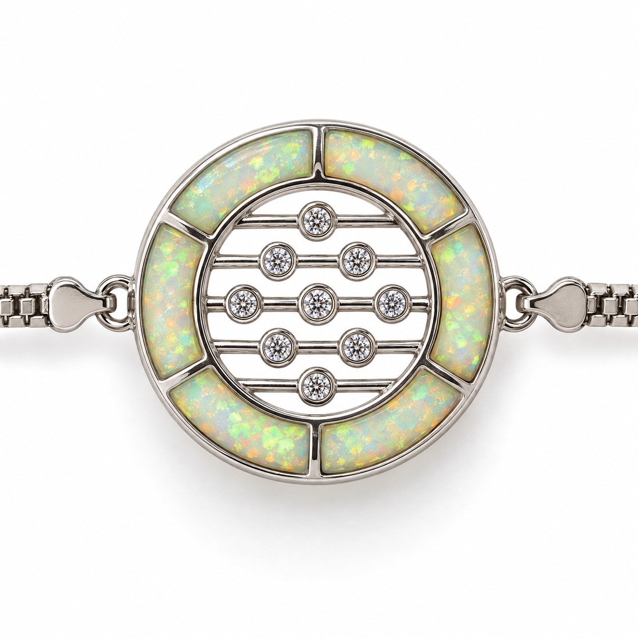 Round disc bracelet with opal ring, double box chain, white opal · 285Q-SW - Image 2