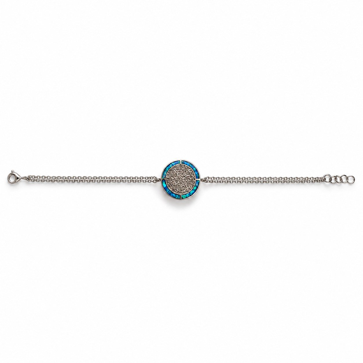 Phaistos disc bracelet, blue opal ring, double chain · 285U