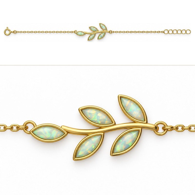 Olive branch chain bracelet, gold-plated, white opal · 285VB-GW