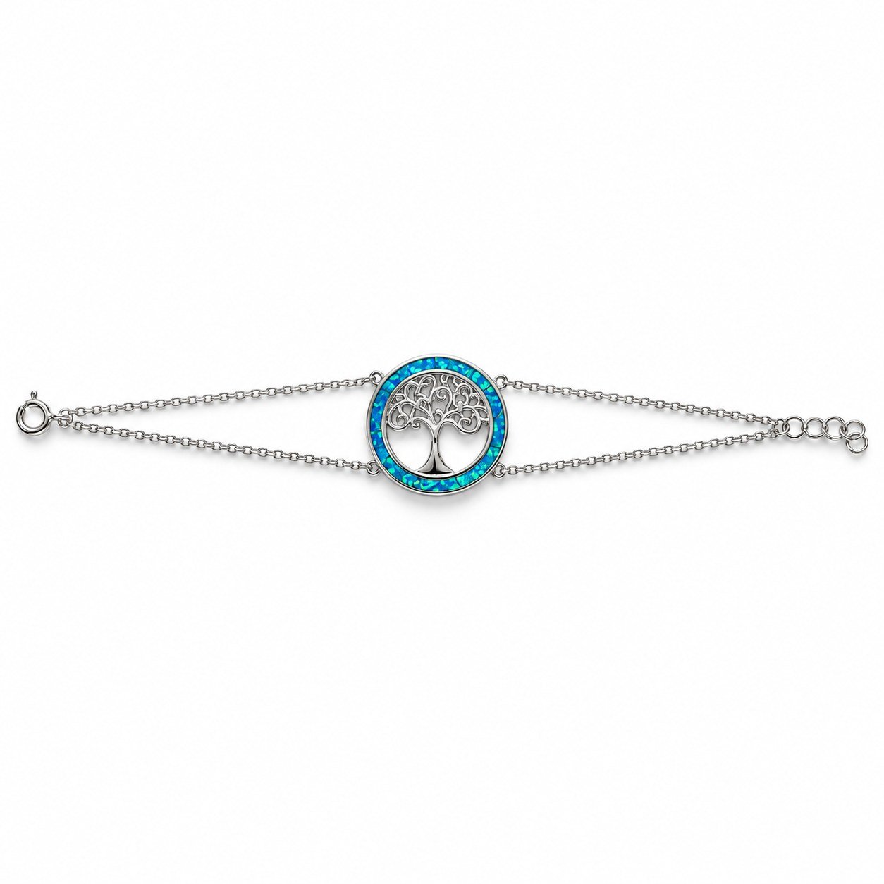 Tree of life ring bracelet, blue opal, double chain · OP12-SB