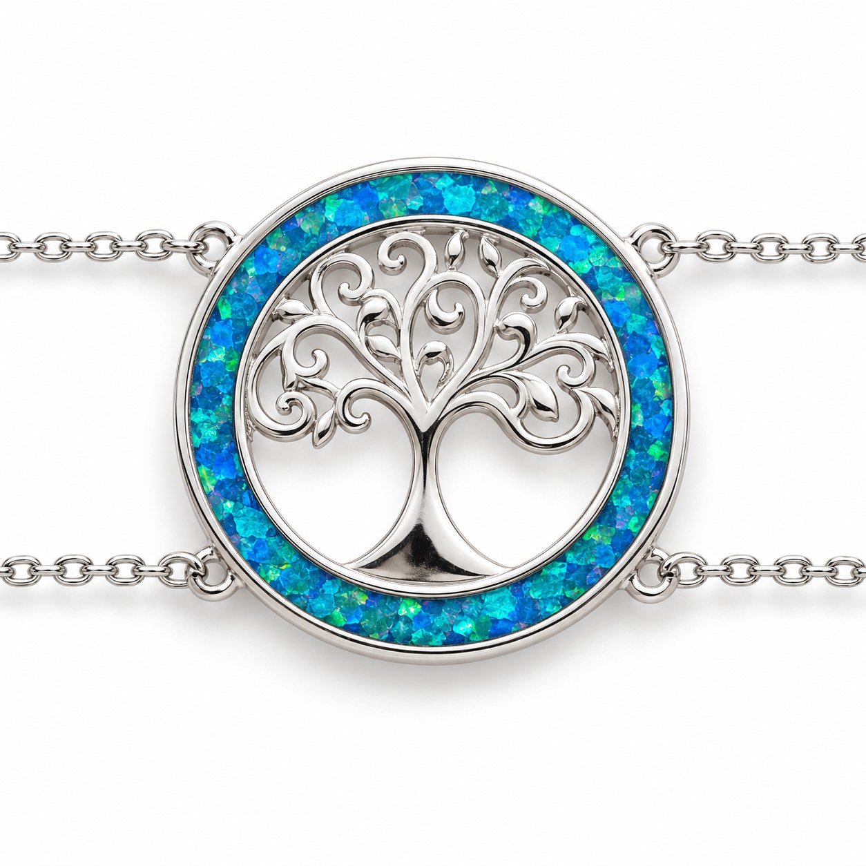 Tree of life ring bracelet, blue opal, double chain · OP12-SB - Image 2