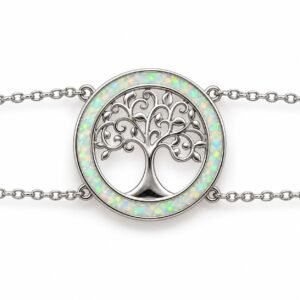 Tree of life ring bracelet, white opal, double chain · OP12-SW