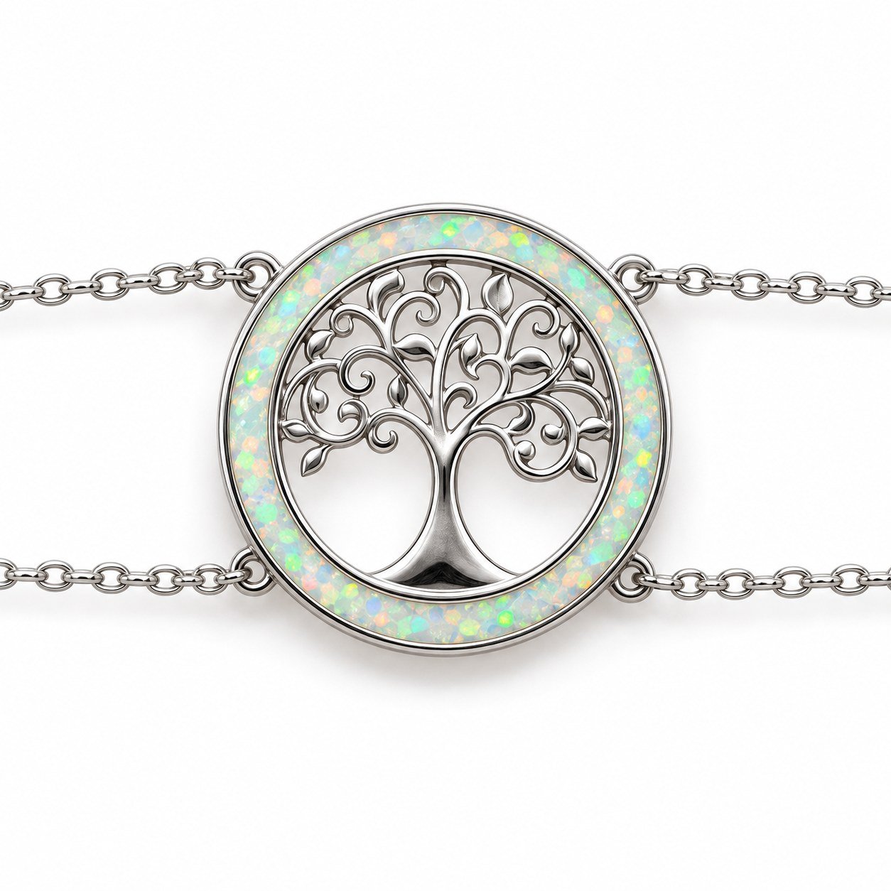 Tree of life ring bracelet, white opal, double chain · OP12-SW - Image 2