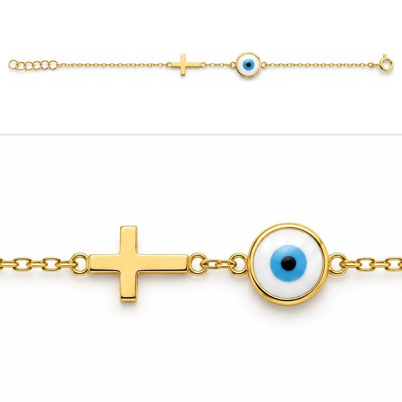 Cross and evil eye chain bracelet, gold-plated · OP183