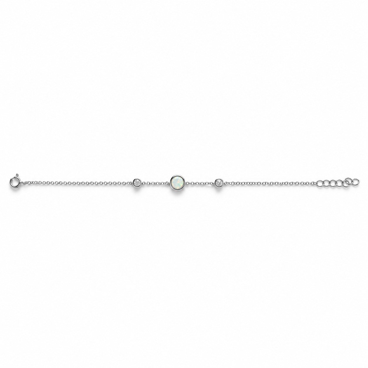 Round white opal chain bracelet with two small clear stones · OP204-SW