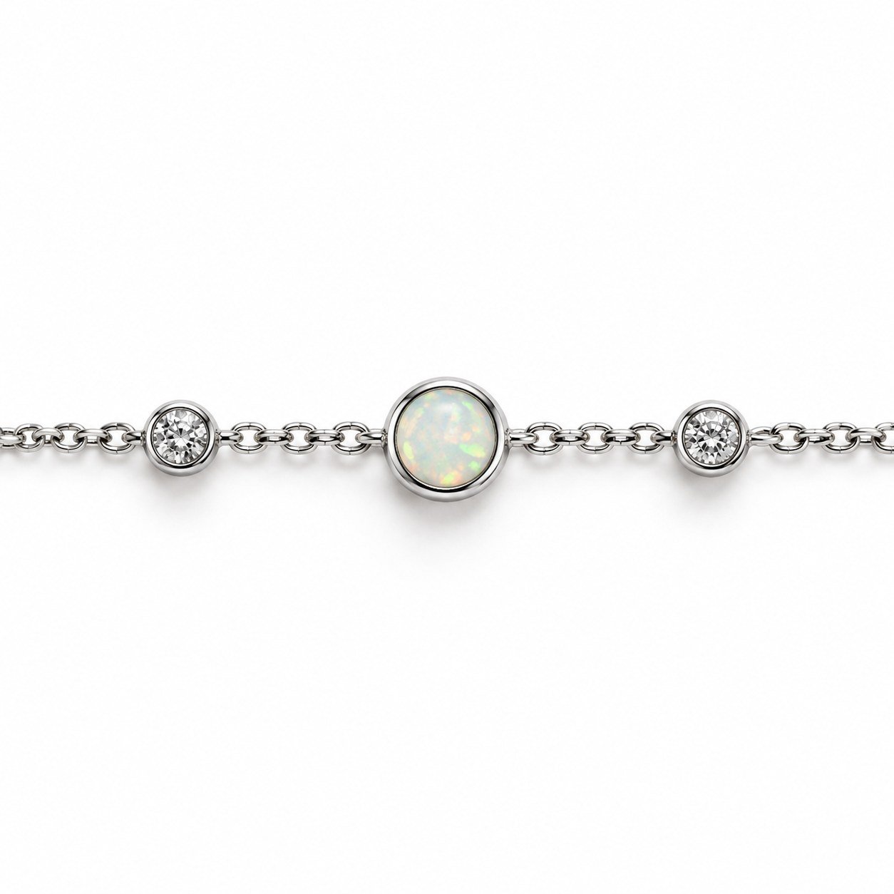 Round white opal chain bracelet with two small clear stones · OP204-SW - Image 2