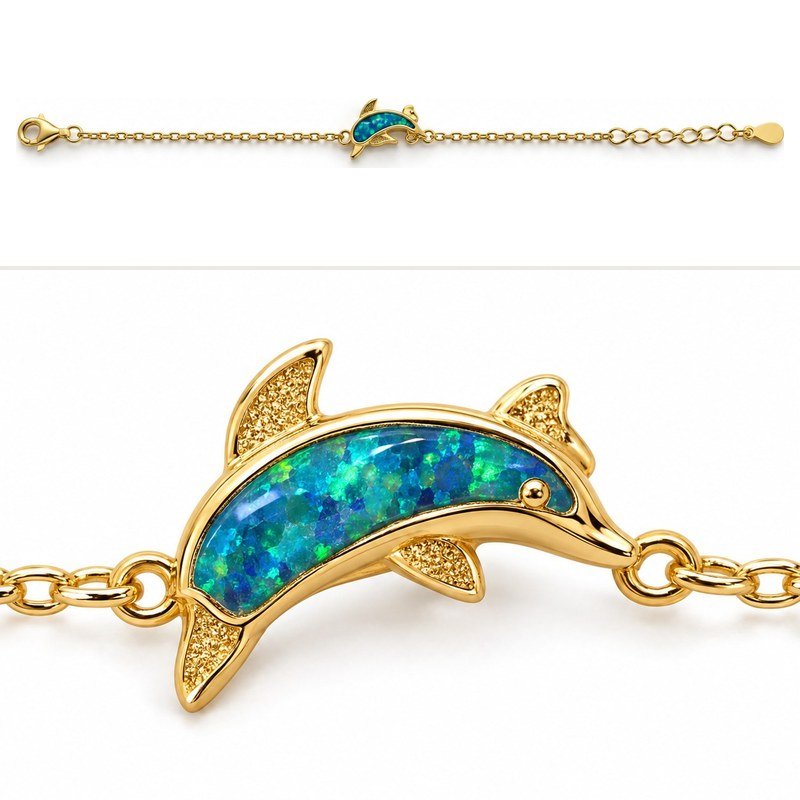 Dolphin chain bracelet, gold-plated, blue opal · OP266-GB