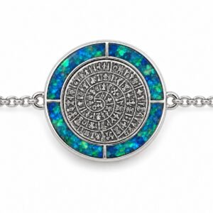 Round embossed disc chain bracelet, blue opal ring · OP28-SB