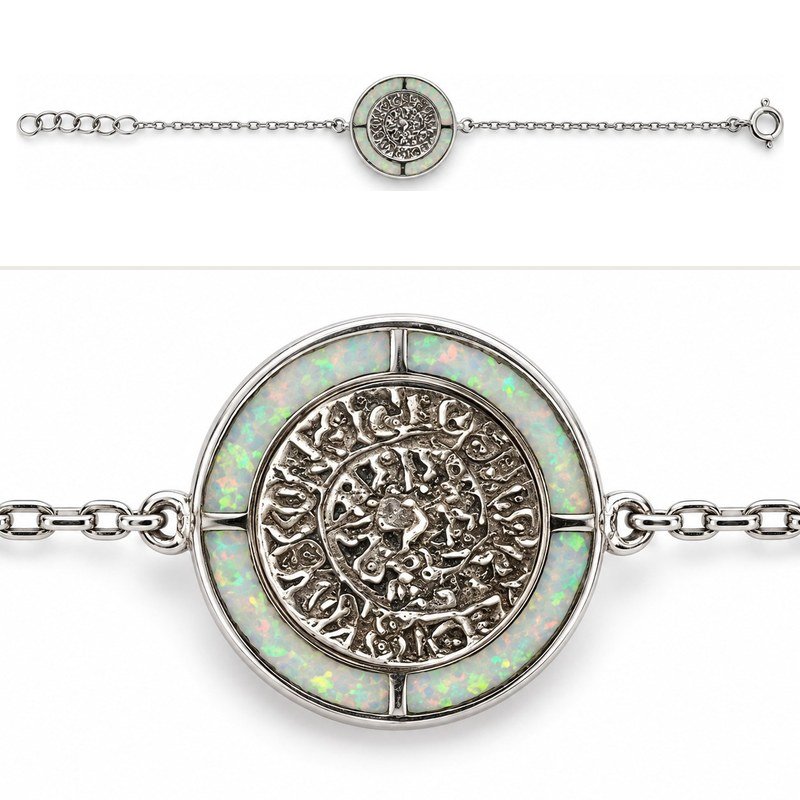 Round embossed disc chain bracelet, white opal ring · OP28-SW