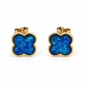 Clover opal stud earrings, gold-plated, blue opal · OP127-GB