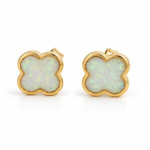Clover opal stud earrings, gold-plated, white opal · OP127-GW
