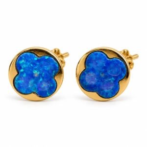 Clover opal disc stud earrings, gold-plated, blue opal · OP129-GB