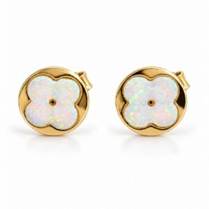 Clover opal disc stud earrings, gold-plated, white opal · OP129-GW