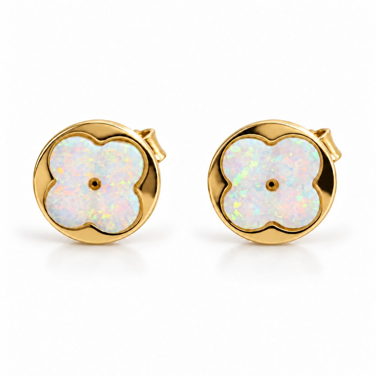 Clover opal disc stud earrings, gold-plated, white opal · OP129-GW