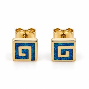 Greek key spiral opal stud earrings, gold-plated, blue opal · OP130-GB