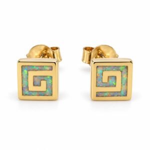 Greek key spiral opal stud earrings, gold-plated, white opal · OP130-GW