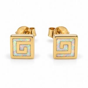 Greek key spiral opal stud earrings, gold-plated, white opal · OP130-GW