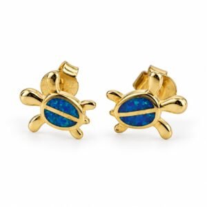 Sea turtle opal stud earrings, gold-plated, blue opal · OP132-GB