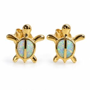 Sea turtle opal stud earrings, gold-plated, white opal · OP132-GW