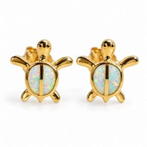 Sea turtle opal stud earrings, gold-plated, white opal · OP132-GW