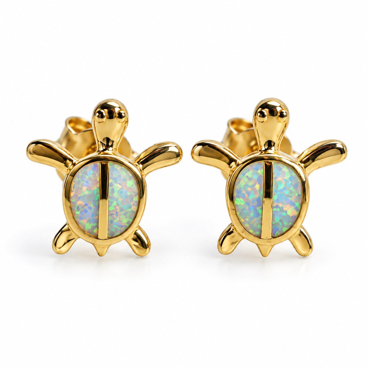 Sea turtle opal stud earrings, gold-plated, white opal · OP132-GW