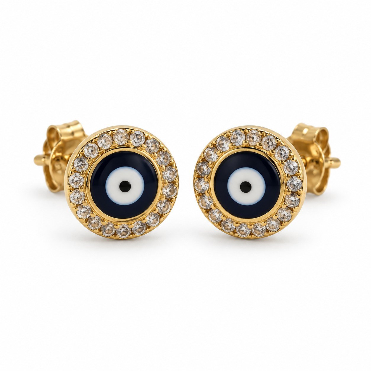 Evil eye stud earrings with crystal halo, gold-plated · OP135