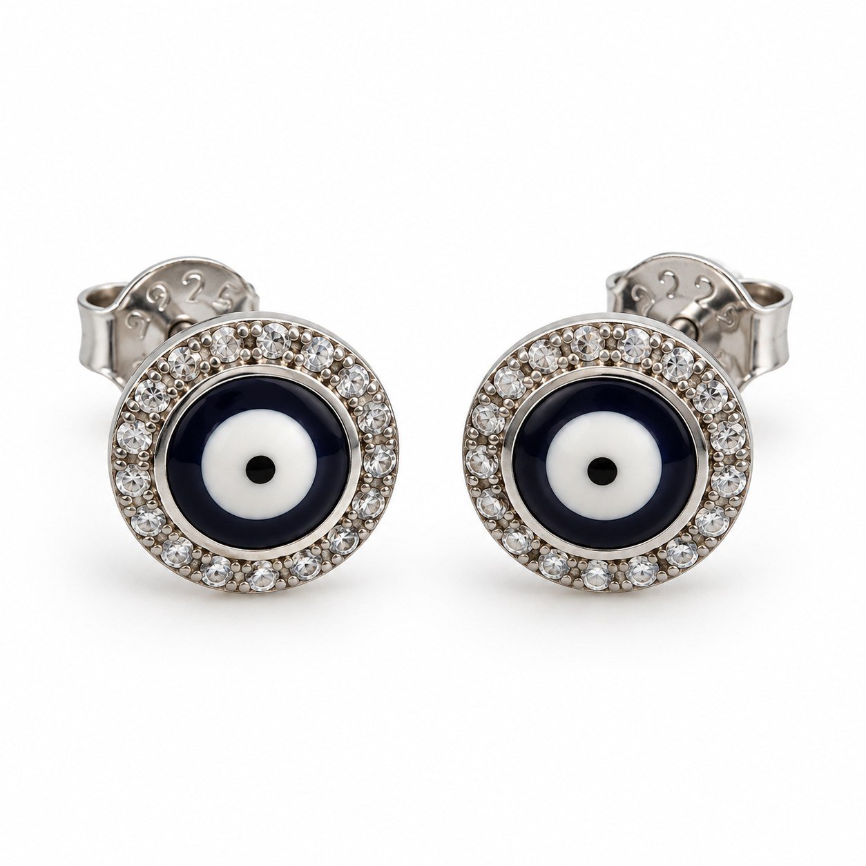 Evil eye stud earrings with crystal halo · OP137
