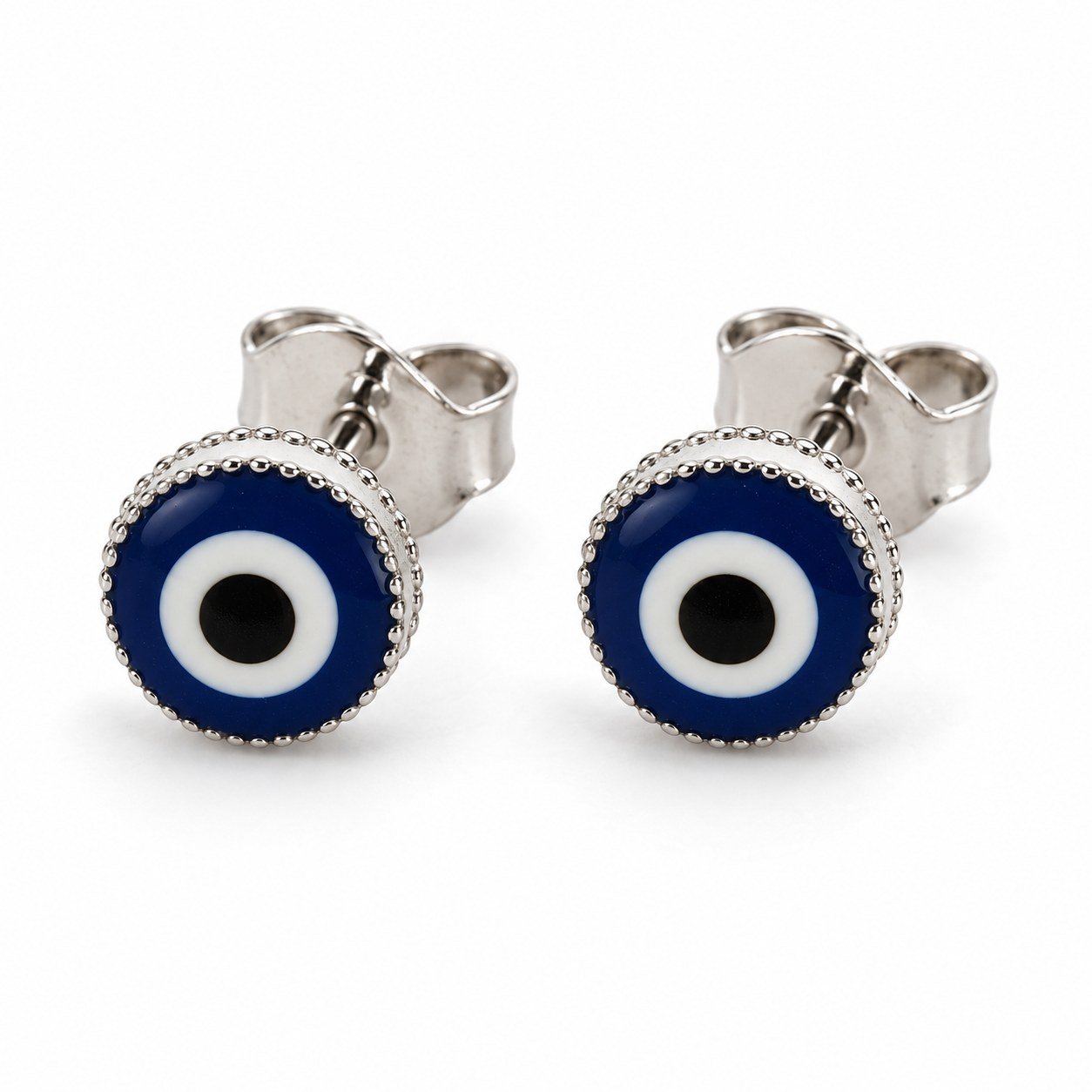 Evil eye stud earrings with beaded edge · OP283