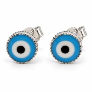 Evil eye stud earrings with beaded edge, light blue · OP288