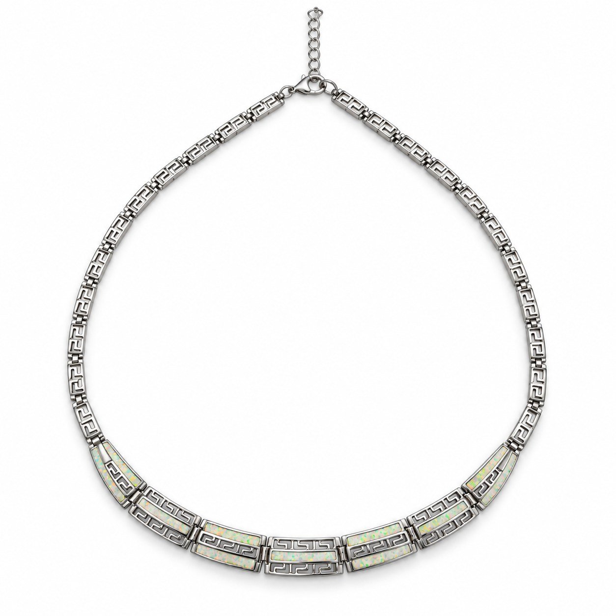 Three-row Greek key opal collar necklace, white opal · 293Z-SW