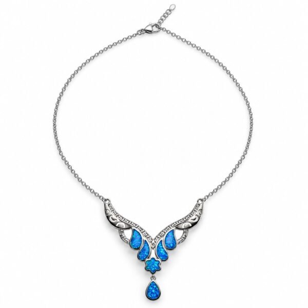 Greek key opal teardrop and flower necklace, blue opal · 299GG-SB