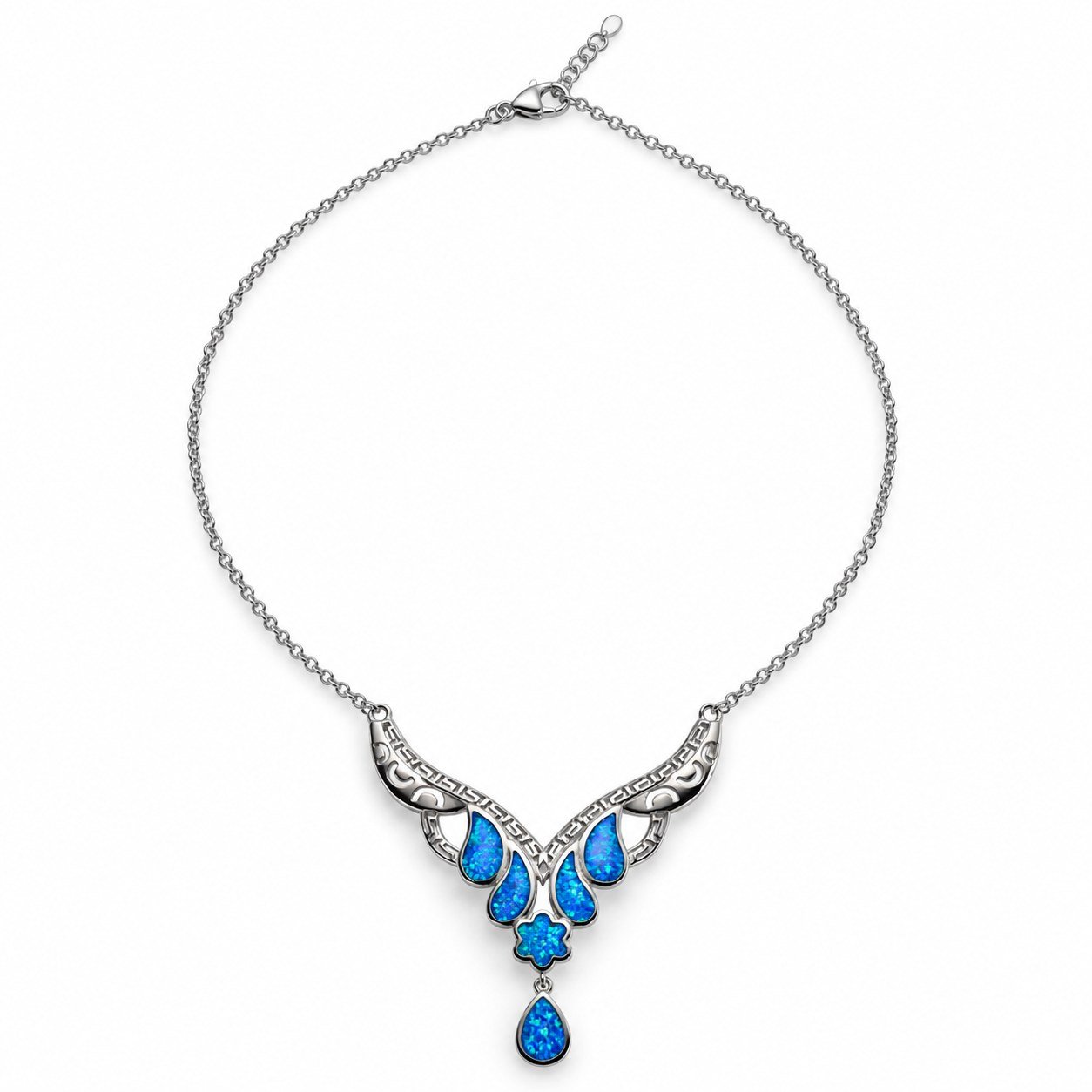 Greek key opal teardrop and flower necklace, blue opal · 299GG-SB