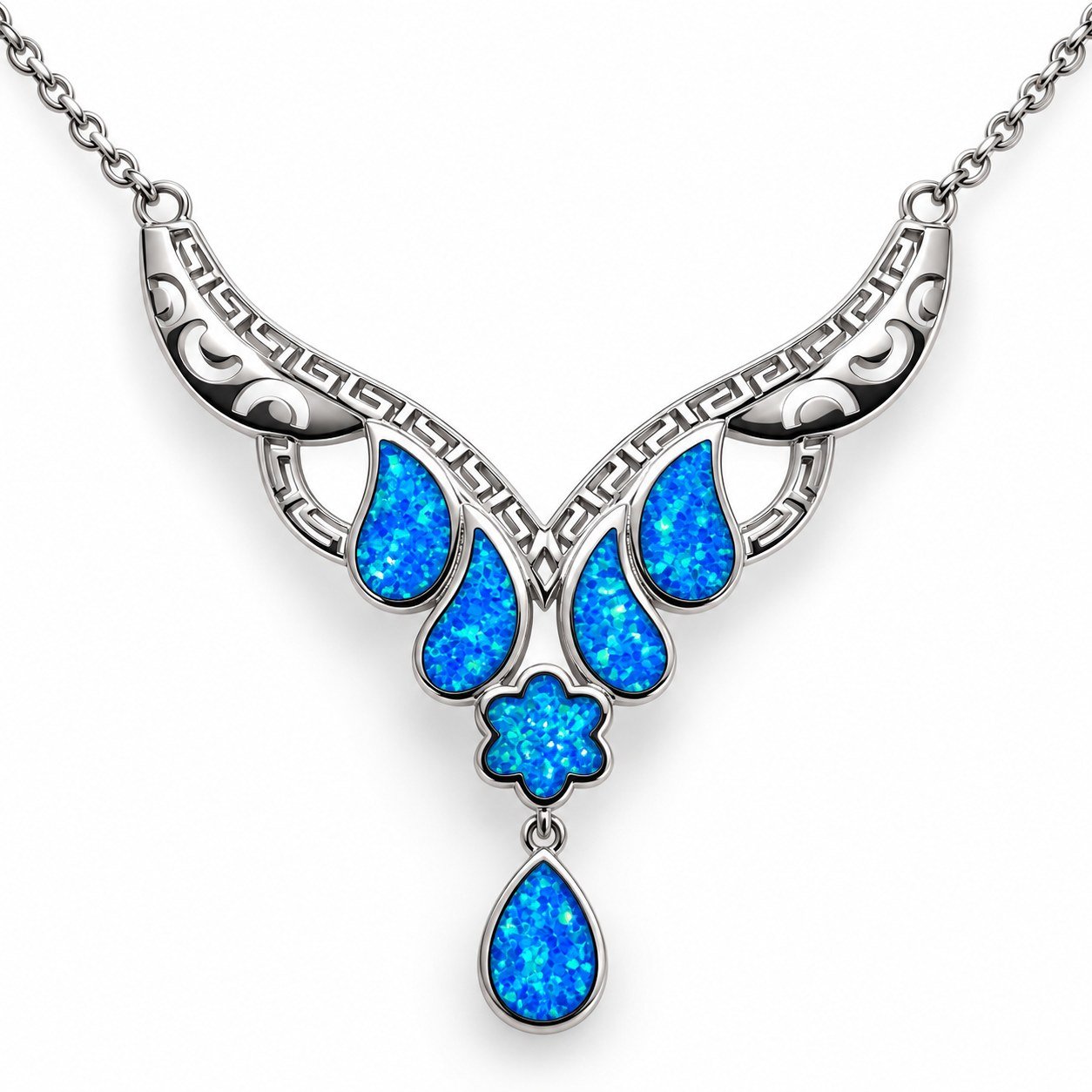 Greek key opal teardrop and flower necklace, blue opal · 299GG-SB - Image 2
