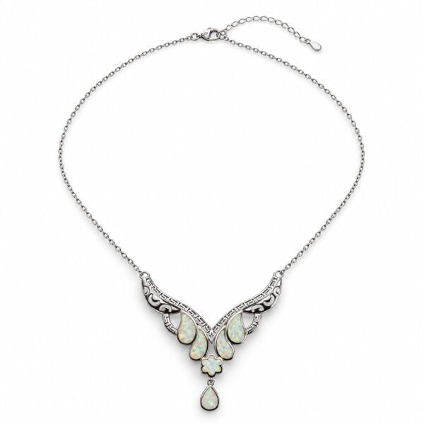 Greek key opal teardrop and flower necklace, white opal · 299GG-SW