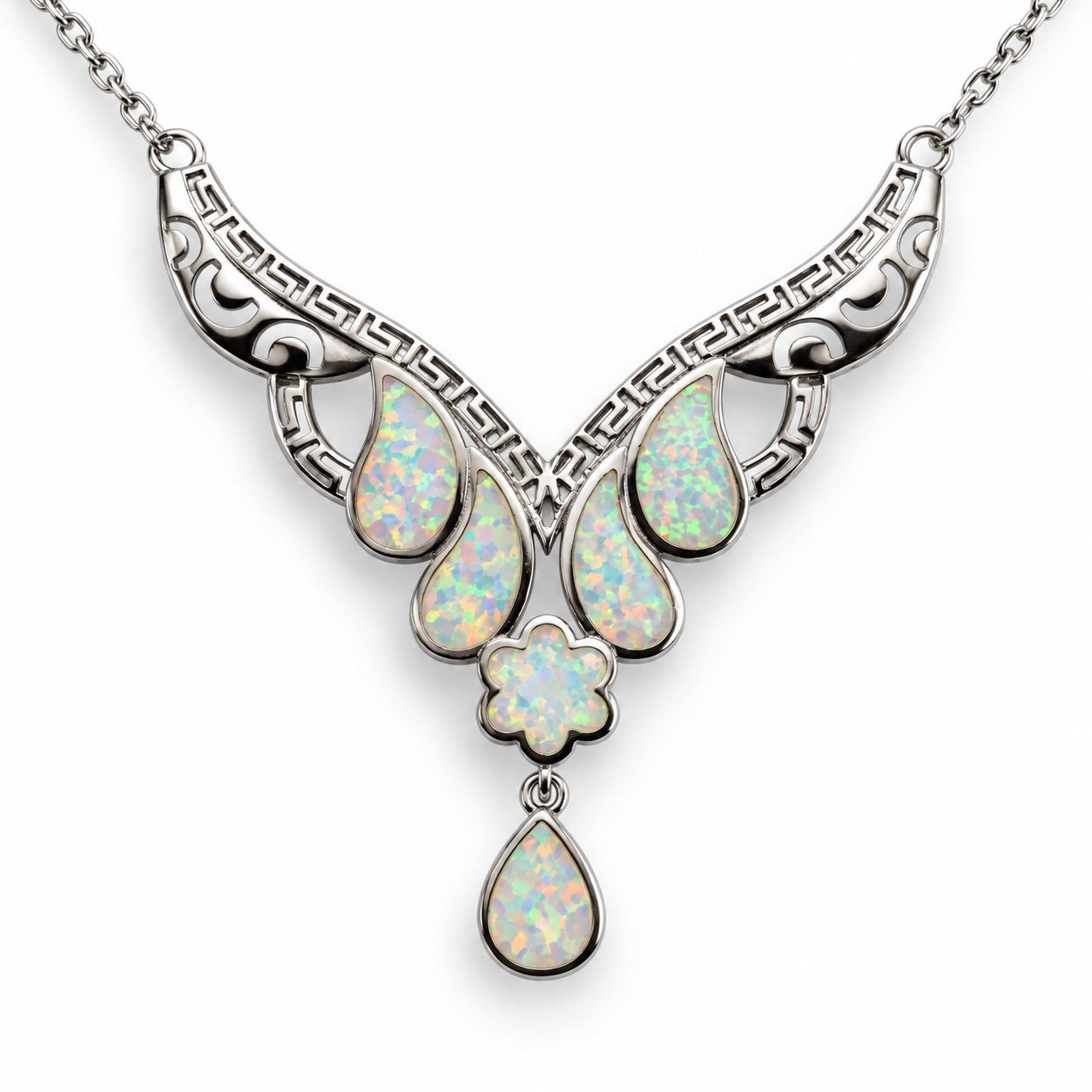 Greek key opal teardrop and flower necklace, white opal · 299GG-SW - Image 2